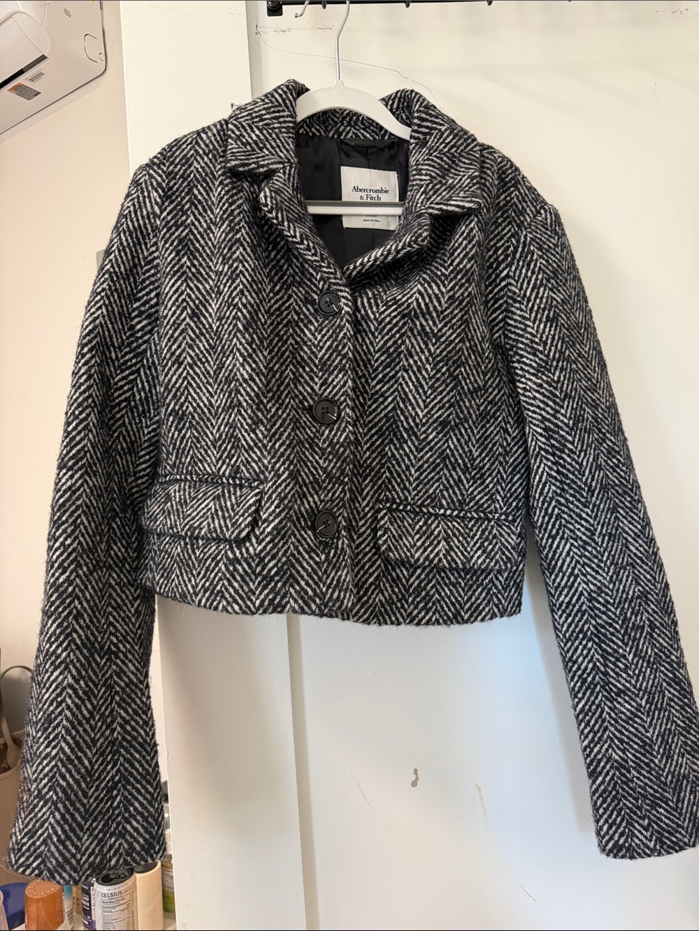 Abercrombie & Fitch Black and White Herringbone Wool Blend Jacket